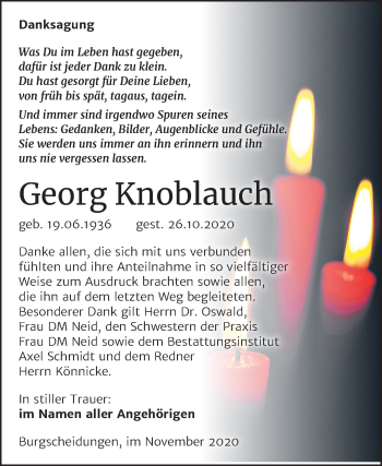 Traueranzeige von Georg Knoblauch von Wochenspiegel Naumburg/Nebra