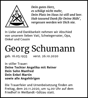Traueranzeige von Georg Schumann von Super Sonntag Köthen
