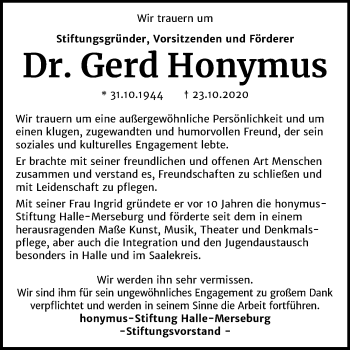 Traueranzeige von Gerd Honymus von Super Sonntag Merseburg/Querfurt