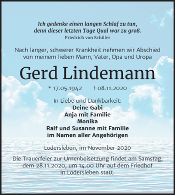 Traueranzeige von Gerd Lindemann von Mitteldeutsche Zeitung Merseburg/Querfurt