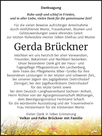 Traueranzeige von Gerda Brückner von Mitteldeutsche Zeitung Wittenberg