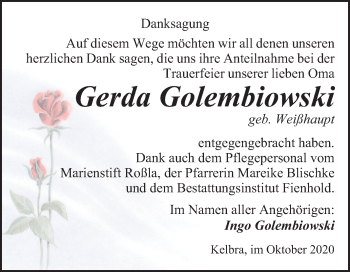Traueranzeige von Gerda Golembiowski von Super Sonntag Sangerhausen