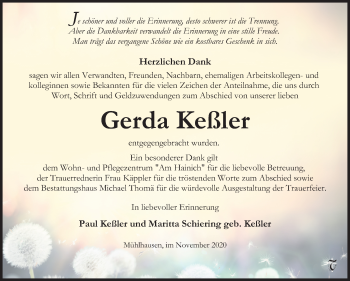 Traueranzeige von Gerda Keßler von Mitteldeutsche Zeitung Sangerhausen