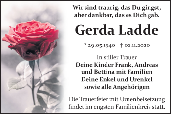 Traueranzeige von Gerda Ladde von Wochenspiegel Bitterfeld