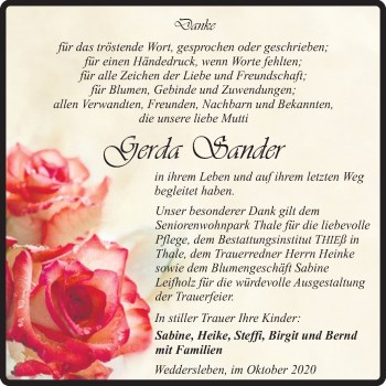 Traueranzeige von Gerda Sander von Super Sonntag Quedlinburg