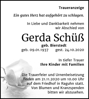 Traueranzeige von Gerda Schüß von Mitteldeutsche Zeitung Bitterfeld