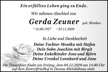 Traueranzeige von Gerda Zeuner von Super Sonntag Dessau-Roßlau