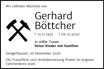 Traueranzeige von Gerhard Böttcher von Mitteldeutsche Zeitung Sangerhausen
