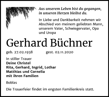 Traueranzeige von Gerhard Büchner von Mitteldeutsche Zeitung Naumburg/Nebra