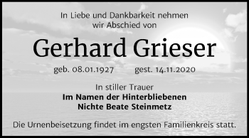 Traueranzeige von Gerhard Grieser von Mitteldeutsche Zeitung Bernburg
