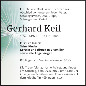 Traueranzeige von Gerhard Keil von Super Sonntag Mansfelder Land