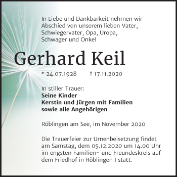 Traueranzeige von Gerhard Keil von Mitteldeutsche Zeitung Mansfelder Land