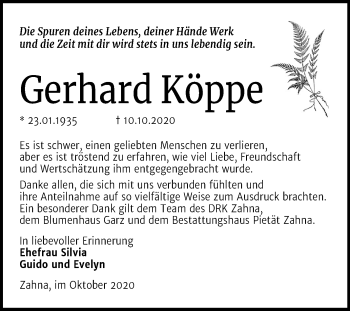 Traueranzeige von Gerhard Köppe von Mitteldeutsche Zeitung Wittenberg