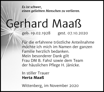 Traueranzeige von Gerhard Maaß von Mitteldeutsche Zeitung Wittenberg