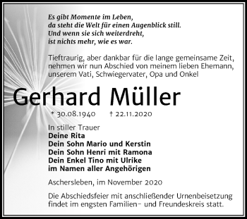 Traueranzeige von Gerhard Müller von Mitteldeutsche Zeitung Aschersleben