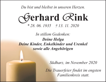 Traueranzeige von Gerhard Rink von Mitteldeutsche Zeitung Sangerhausen