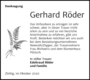 Traueranzeige von Gerhard Röder von Mitteldeutsche Zeitung Bitterfeld