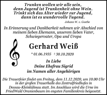 Traueranzeige von Gerhard Weiß von Mitteldeutsche Zeitung Dessau-Roßlau