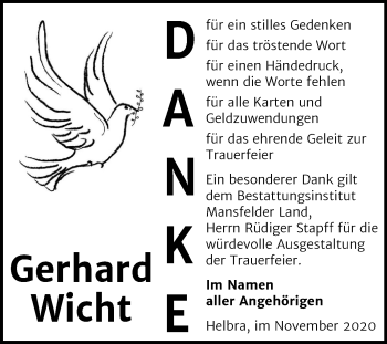 Traueranzeige von Gerhard Wicht von Super Sonntag Mansfelder Land