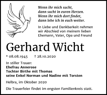 Traueranzeige von Gerhard Wicht von Super Sonntag Mansfelder Land
