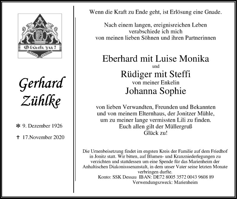  Traueranzeige für Gerhard Zühlke vom 28.11.2020 aus Super Sonntag Dessau-Roßlau