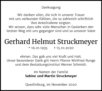 Traueranzeige von Gerhard Helmut Struckmeyer von Super Sonntag Quedlinburg