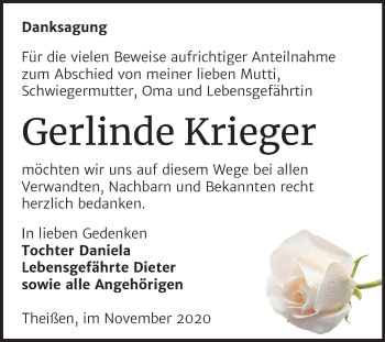 Traueranzeige von Gerlinde Krieger von Mitteldeutsche Zeitung Zeitz