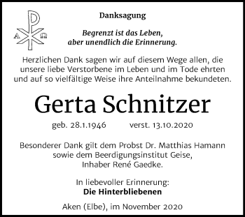 Traueranzeige von Gerta Schnitzer von Super Sonntag Köthen