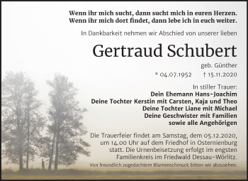 Traueranzeige von Gertraud Schubert von Mitteldeutsche Zeitung Köthen