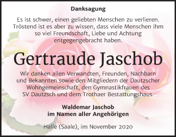 Traueranzeige von Gertraude Jaschob von Mitteldeutsche Zeitung Halle/Saalkreis