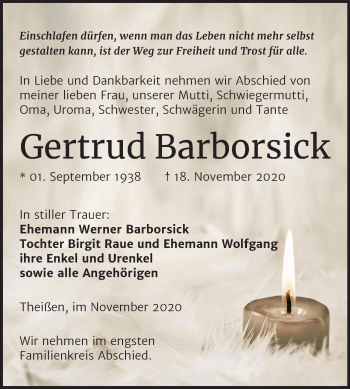 Traueranzeige von Gertrud Barborsick von Mitteldeutsche Zeitung Zeitz