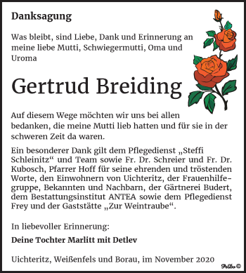 Traueranzeige von Gertrud Breiding von Wochenspiegel Weißenfels