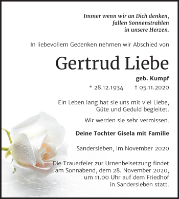 Traueranzeige von Gertrud Liebe von Super Sonntag Mansfelder Land