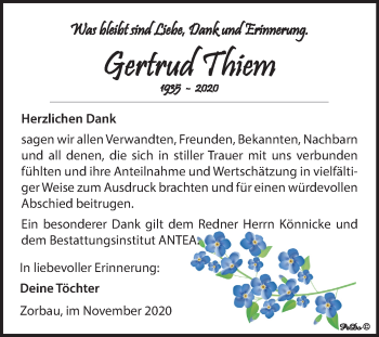 Traueranzeige von Gertrud Thiem von Mitteldeutsche Zeitung Weißenfels