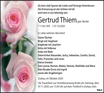 Traueranzeige von Gertrud Thiemg von Mitteldeutsche Zeitung Weißenfels