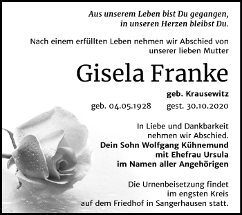 Traueranzeige von Gisela Franke von Mitteldeutsche Zeitung Sangerhausen
