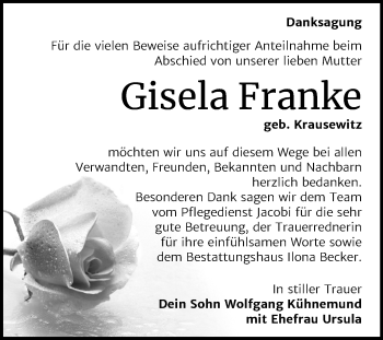 Traueranzeige von Gisela Franke von Super Sonntag Sangerhausen