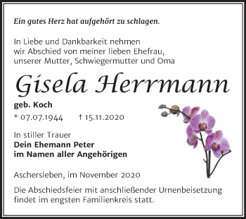 Traueranzeige von Gisela Herrmann von Super Sonntag Aschersleben