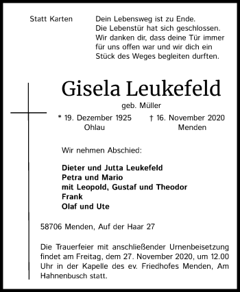 Traueranzeige von Gisela Leukefeld von Super Sonntag Wittenberg