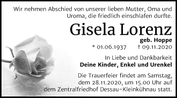 Traueranzeige von Gisela Lorenz von Mitteldeutsche Zeitung Dessau-Roßlau