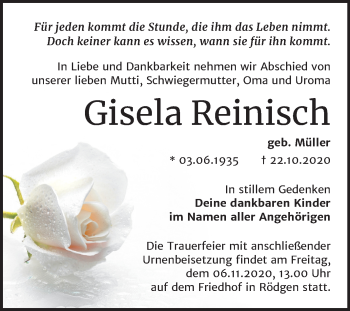 Traueranzeige von Gisela Reinisch von Wochenspiegel Bitterfeld