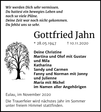 Traueranzeige von Gottfried Jahn von Mitteldeutsche Zeitung Naumburg/Nebra