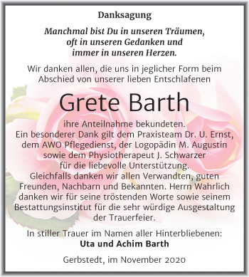 Traueranzeige von Grete Barth von Mitteldeutsche Zeitung Mansfelder Land