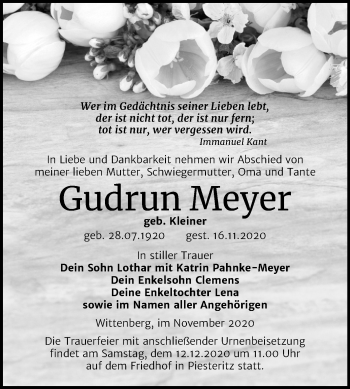 Traueranzeige von Gudrun Meyer von Mitteldeutsche Zeitung Wittenberg