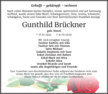 Traueranzeige von Gunthild Brückner von Wochenspiegel Weißenfels