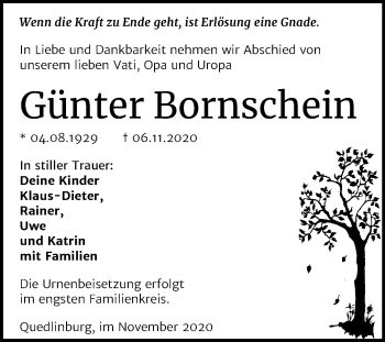 Traueranzeige von Günter Bornschein von Mitteldeutsche Zeitung Quedlinburg