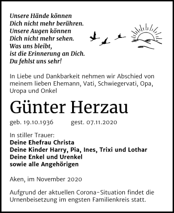 Traueranzeige von Günter Herzau von Mitteldeutsche Zeitung Köthen
