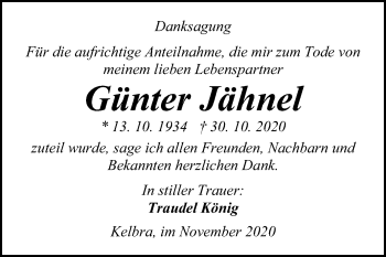 Traueranzeige von Günter Jähnel von Mitteldeutsche Zeitung Sangerhausen