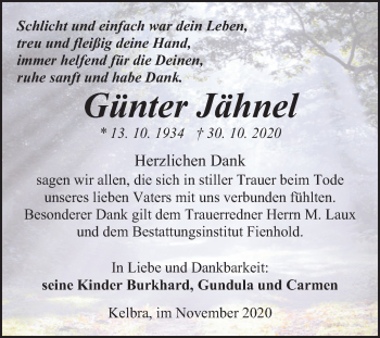 Traueranzeige von Günter Jähnel von Mitteldeutsche Zeitung Sangerhausen