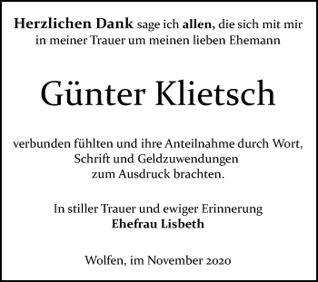 Traueranzeige von Günter Klietsch von Mitteldeutsche Zeitung Bitterfeld